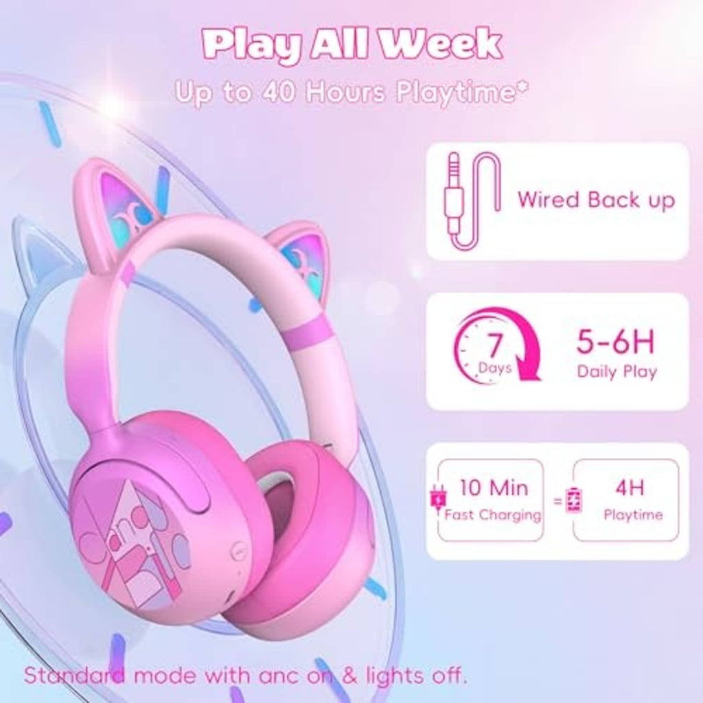 Pink over-ear Bluetooth headphones with LED cat ears and cushioned ear pads