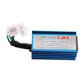 Blue CDI ignition box with black wire harness and white 6-pin connector
