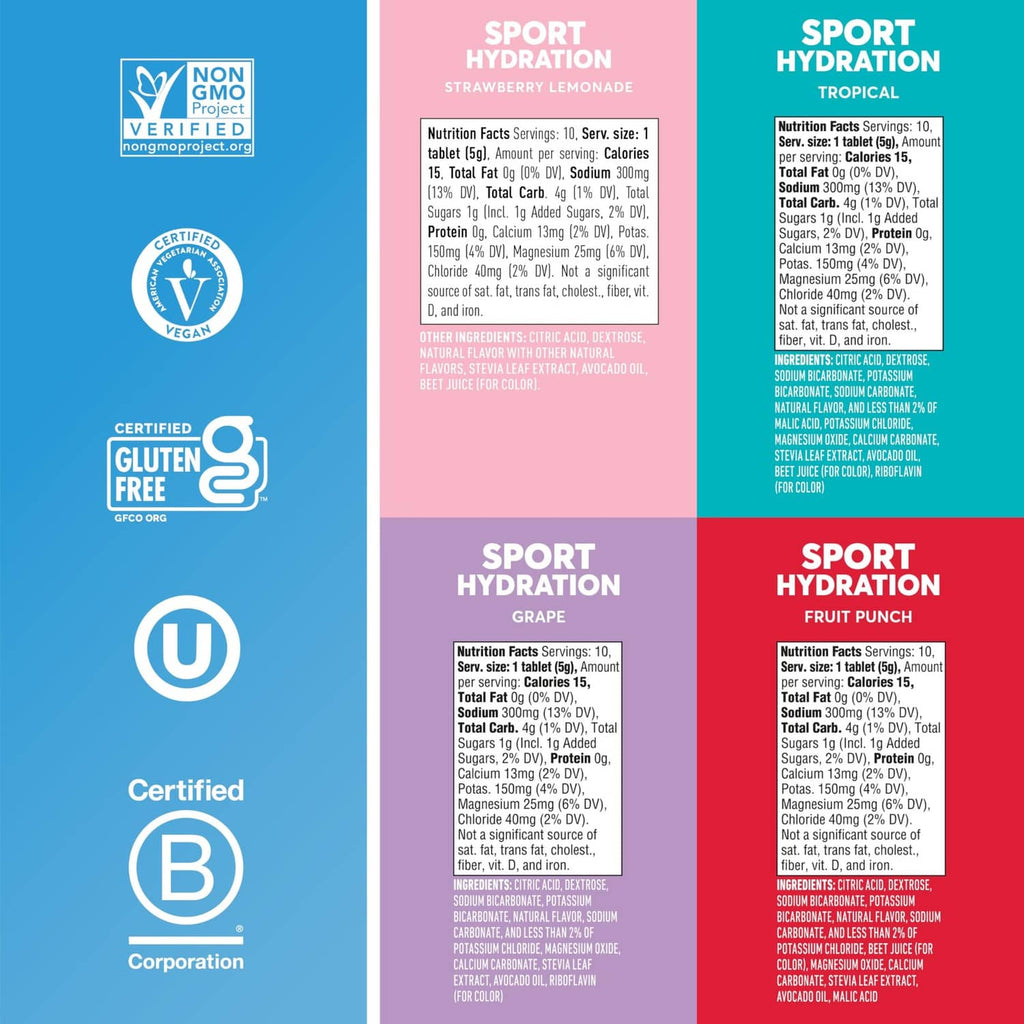 Nuun Sport electrolyte tablets facts and certifications panel, gluten free and vegan