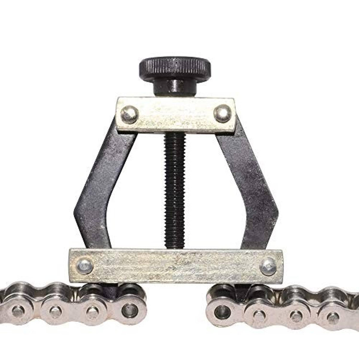 Roller chain connecting puller holder pressing between chain links, gold plate and black screw