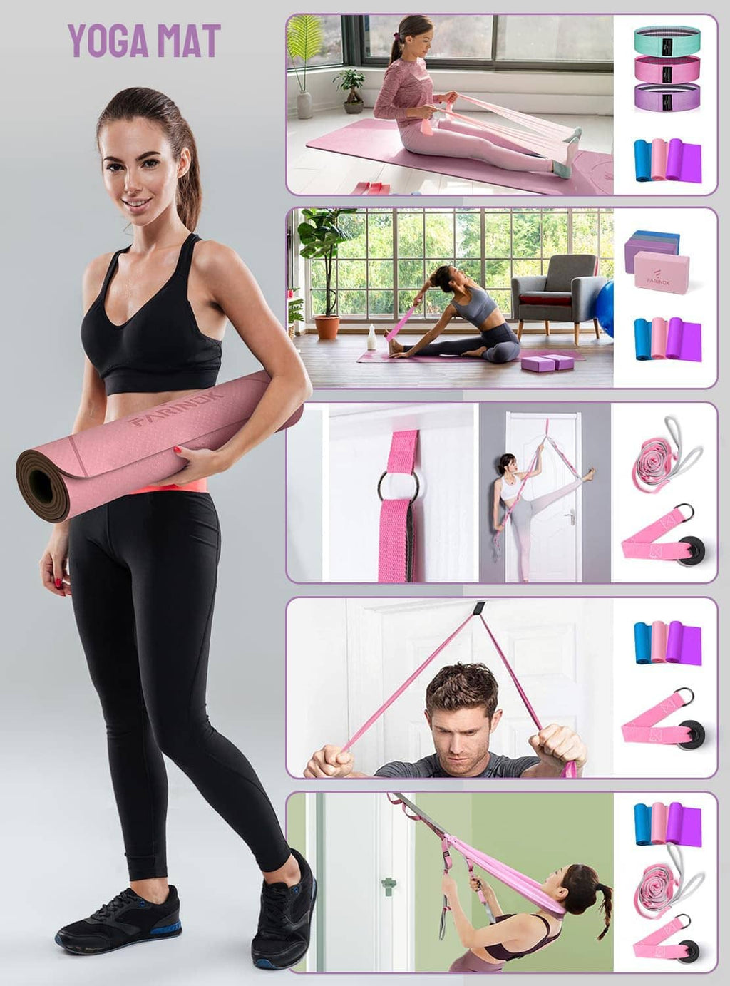 Pink yoga mat with resistance bands and yoga block accessories shown with stretching poses