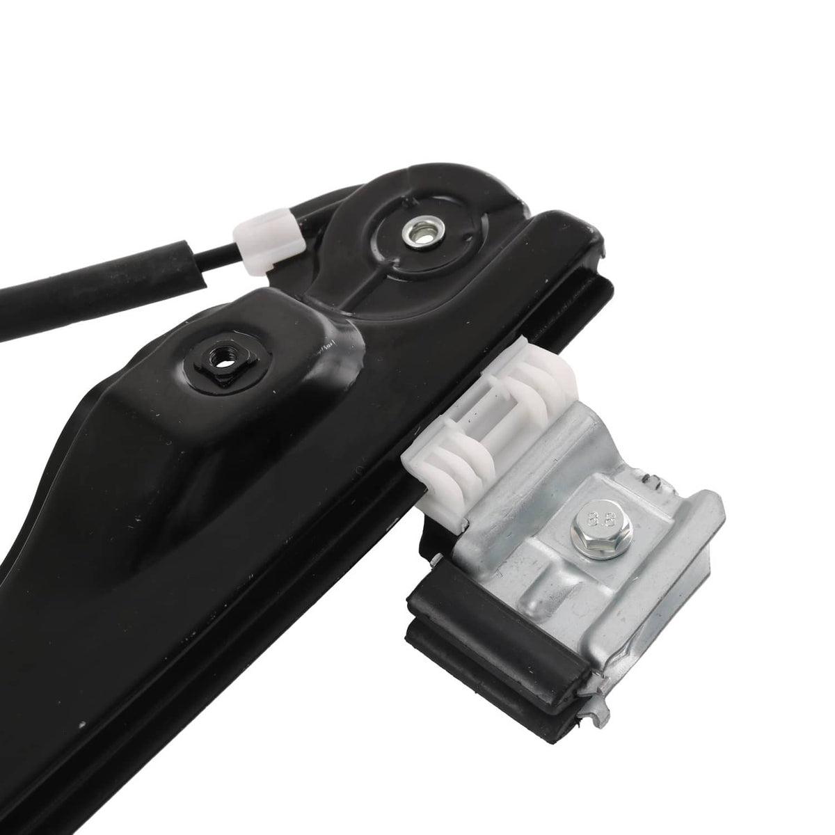 Window regulator guide and motor housing with connector and metal bracket