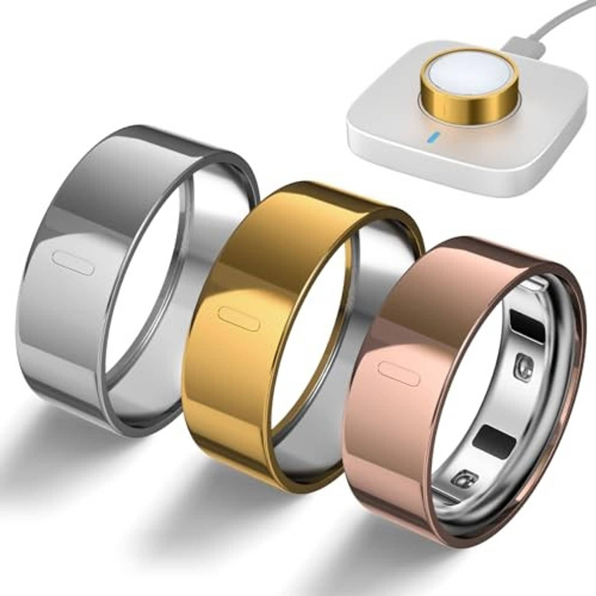 Three Oura ring covers with gold, silver, and rose-gold bands, ring-size 10