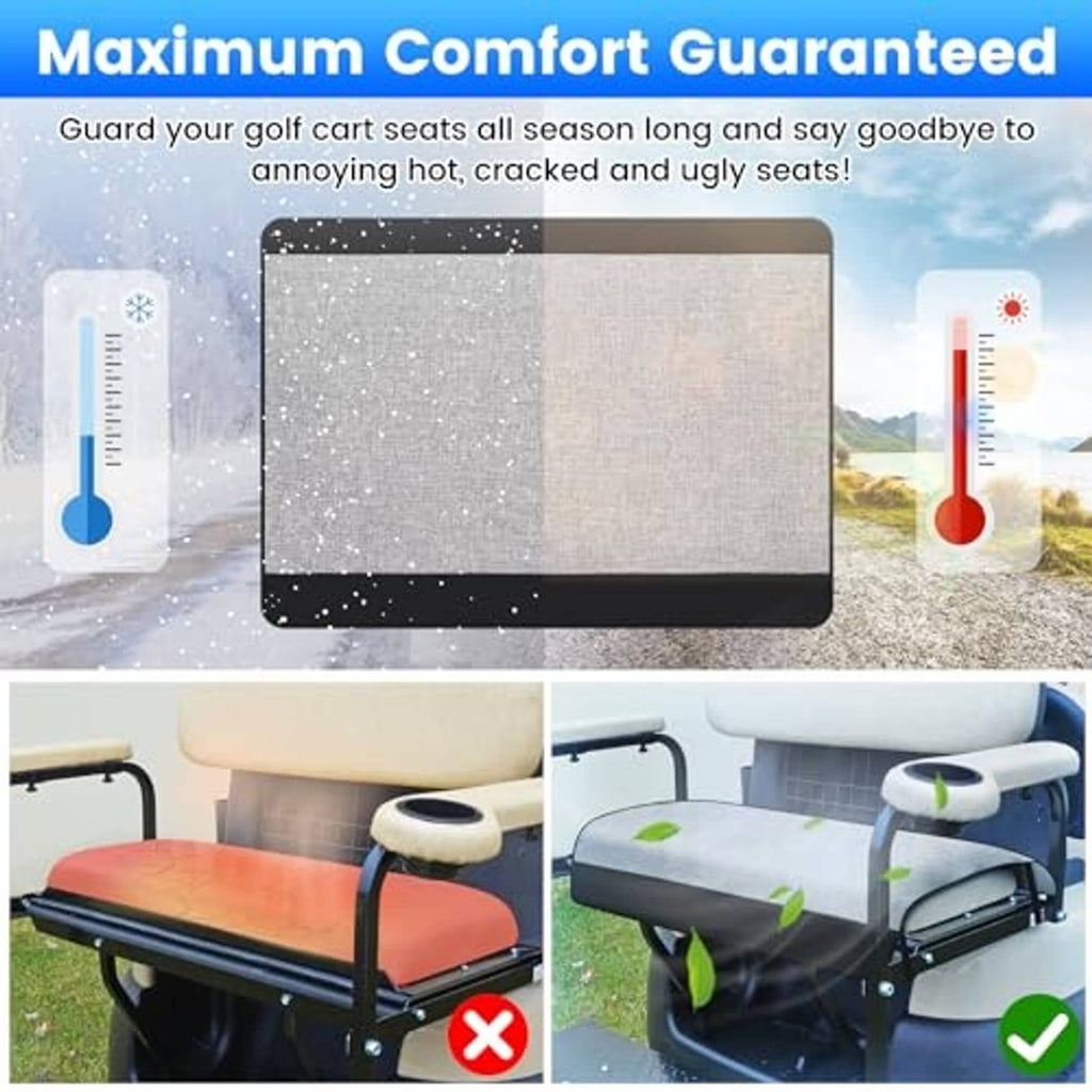 Two-person golf cart seat cover protection image on gray seat panels