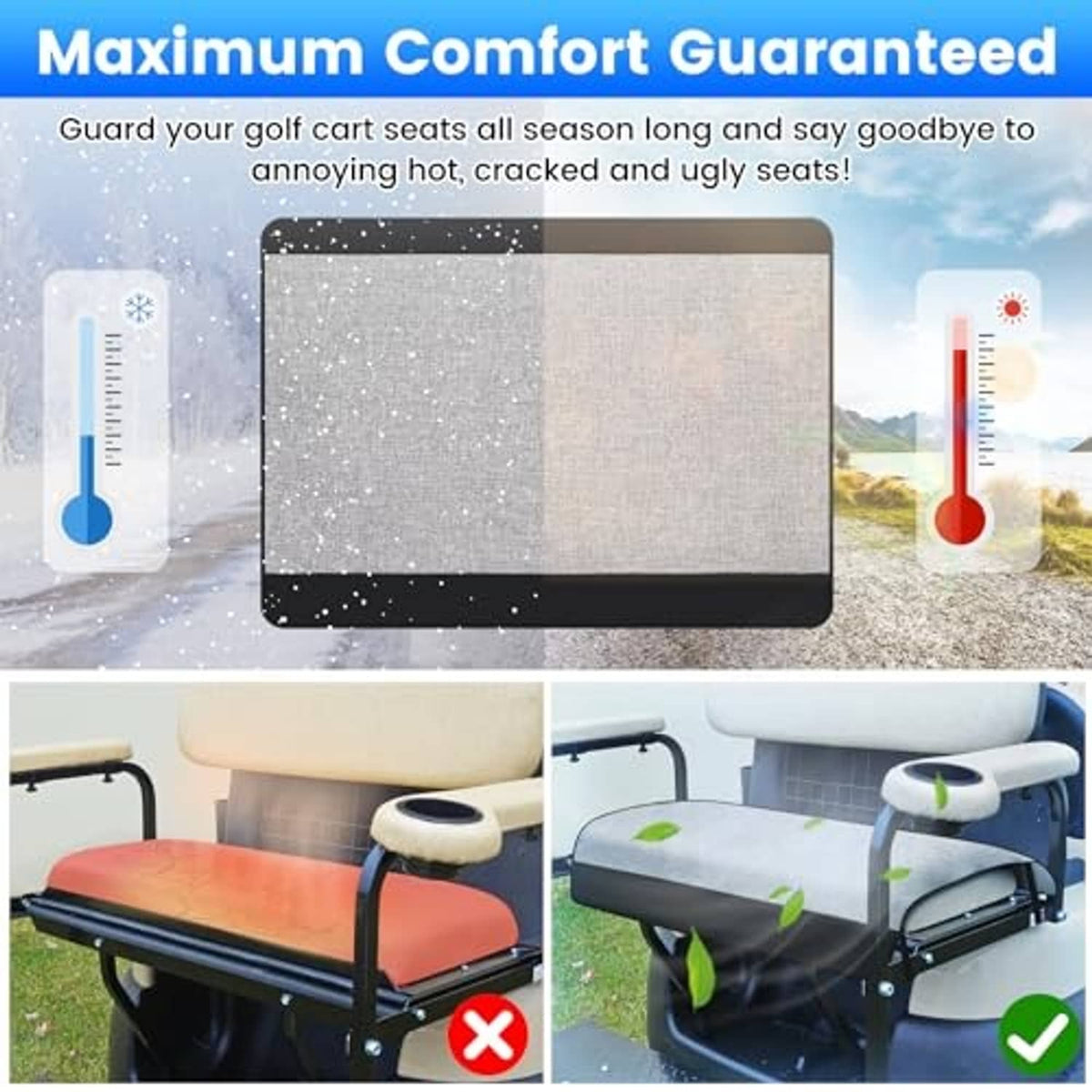 Two-person golf cart seat cover protection image on gray seat panels