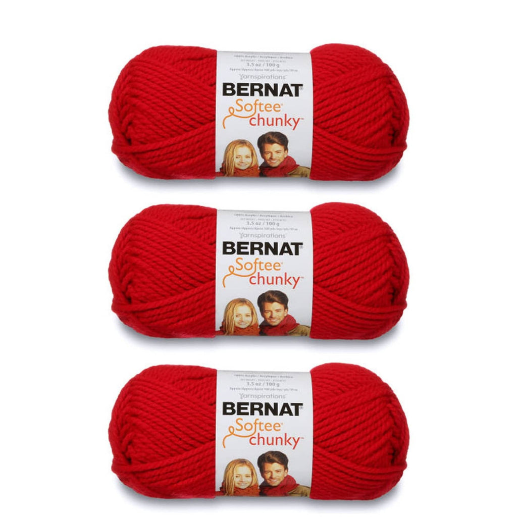 Berry red super bulky chunky yarn 3-pack, three wrapped skeins with Bernat Softee labels