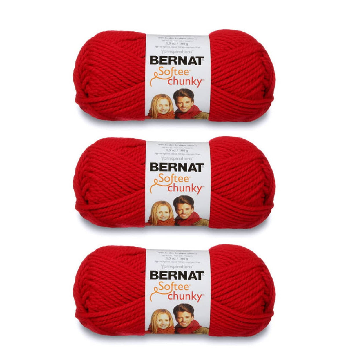 Berry red super bulky chunky yarn 3-pack, three wrapped skeins with Bernat Softee labels
