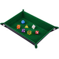 Folding green PU leather dice tray with raised sides and metal snap corners