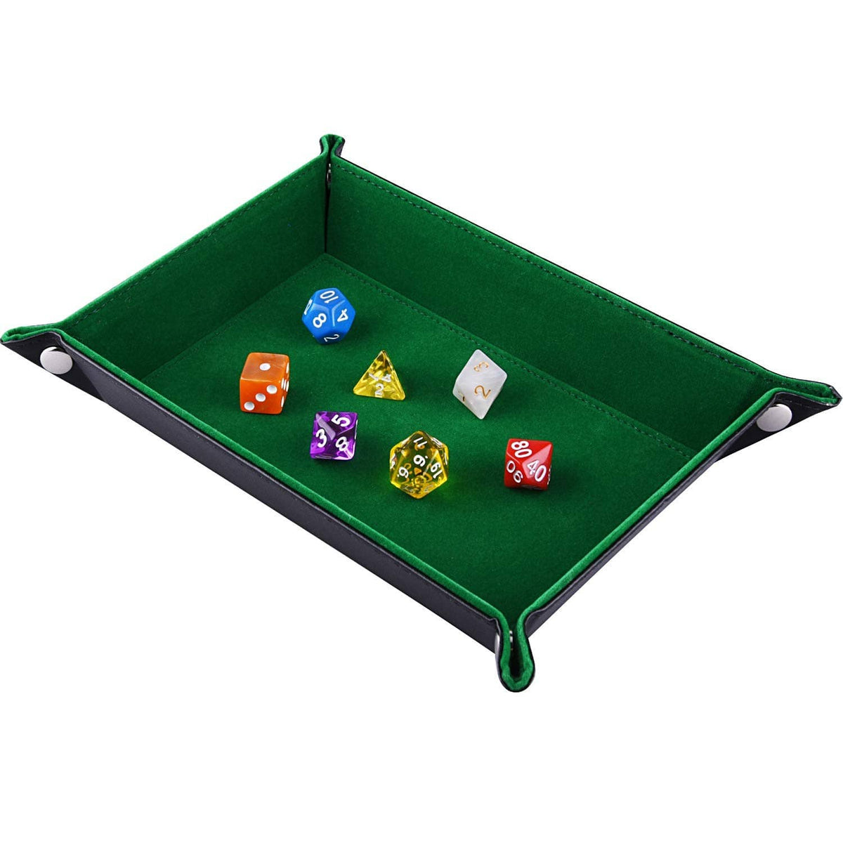 Folding green PU leather dice tray with raised sides and metal snap corners