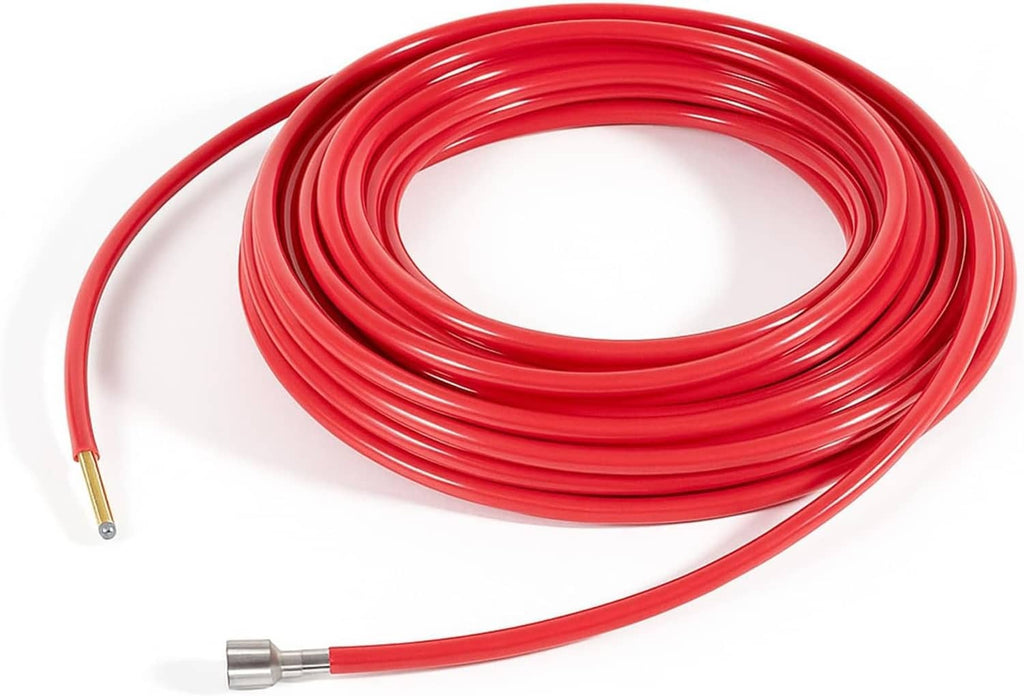 Red coiled drain cleaning cable assembly with metal end fittings
