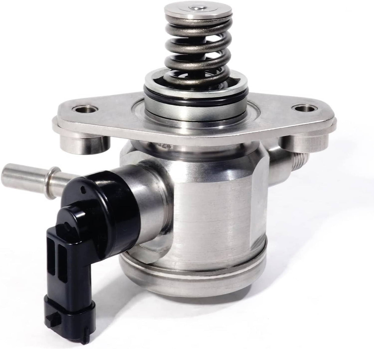 High pressure fuel pump with coil spring and mounting plate, close-up view