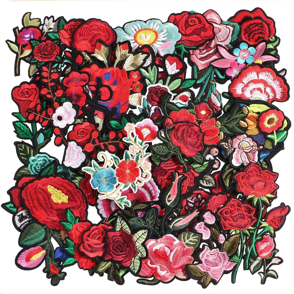 Assorted embroidered flower patches with red, pink, and white roses on black trim