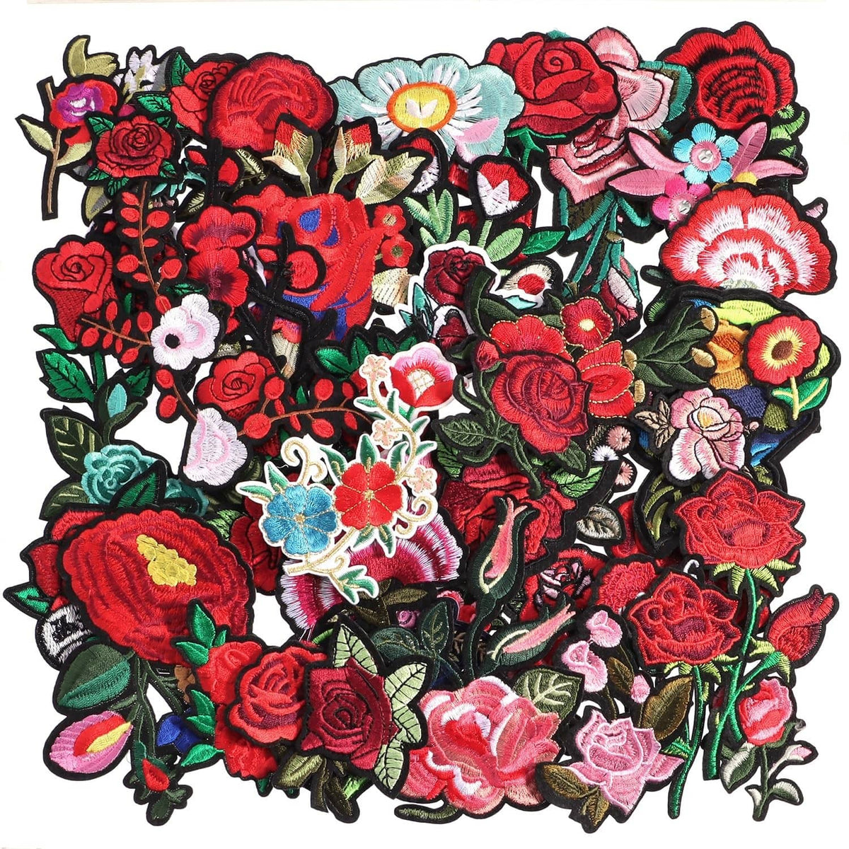 Assorted embroidered flower patches with red, pink, and white roses on black trim