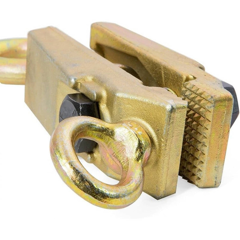 Auto pull clamp tool close-up of serrated gripping jaw and gold ring hook.