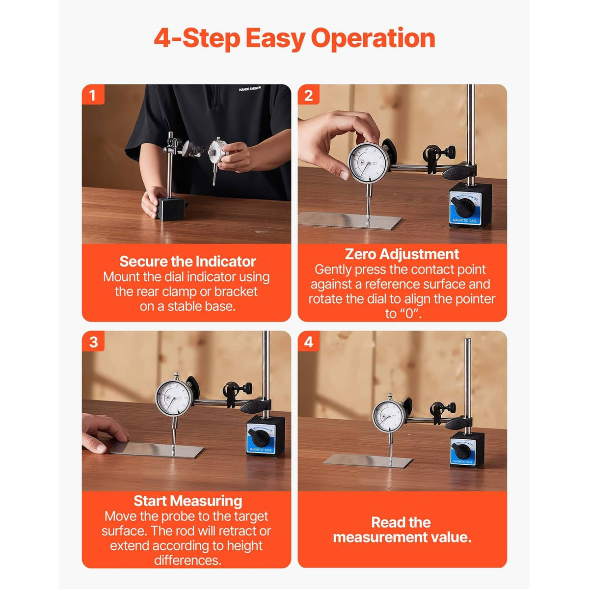 Dial test indicator setup showing indicator operation steps on work surface