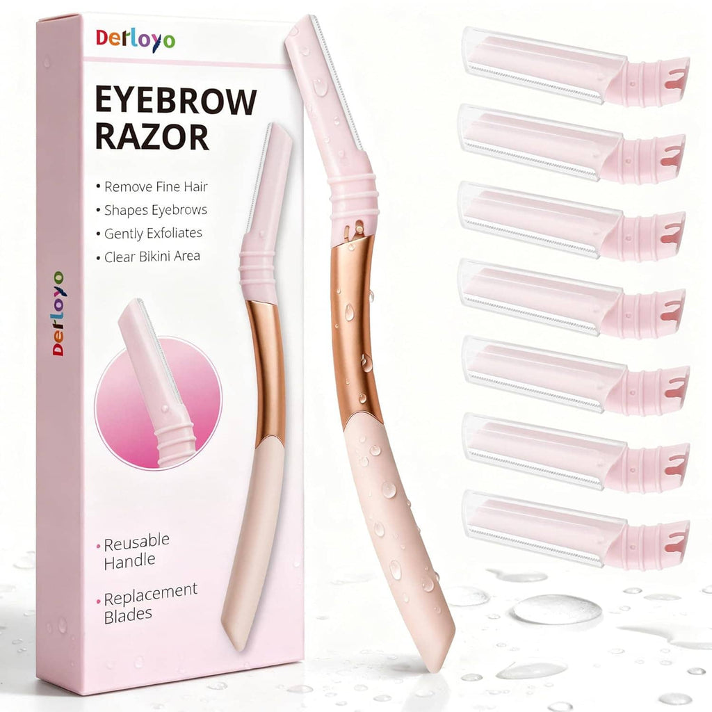 Derloyo Eyebrow Razor kit with pink handle and replacement blade cartridges arranged on right