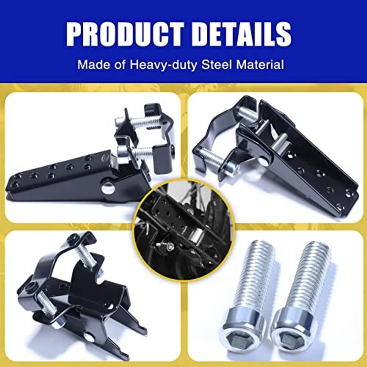 Universal folding motorcycle foot pegs with heavy-duty steel construction and included bolts
