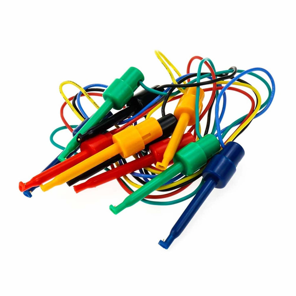 Mixed mini grabber hook clips and silicone test leads with red, green, blue, yellow wires