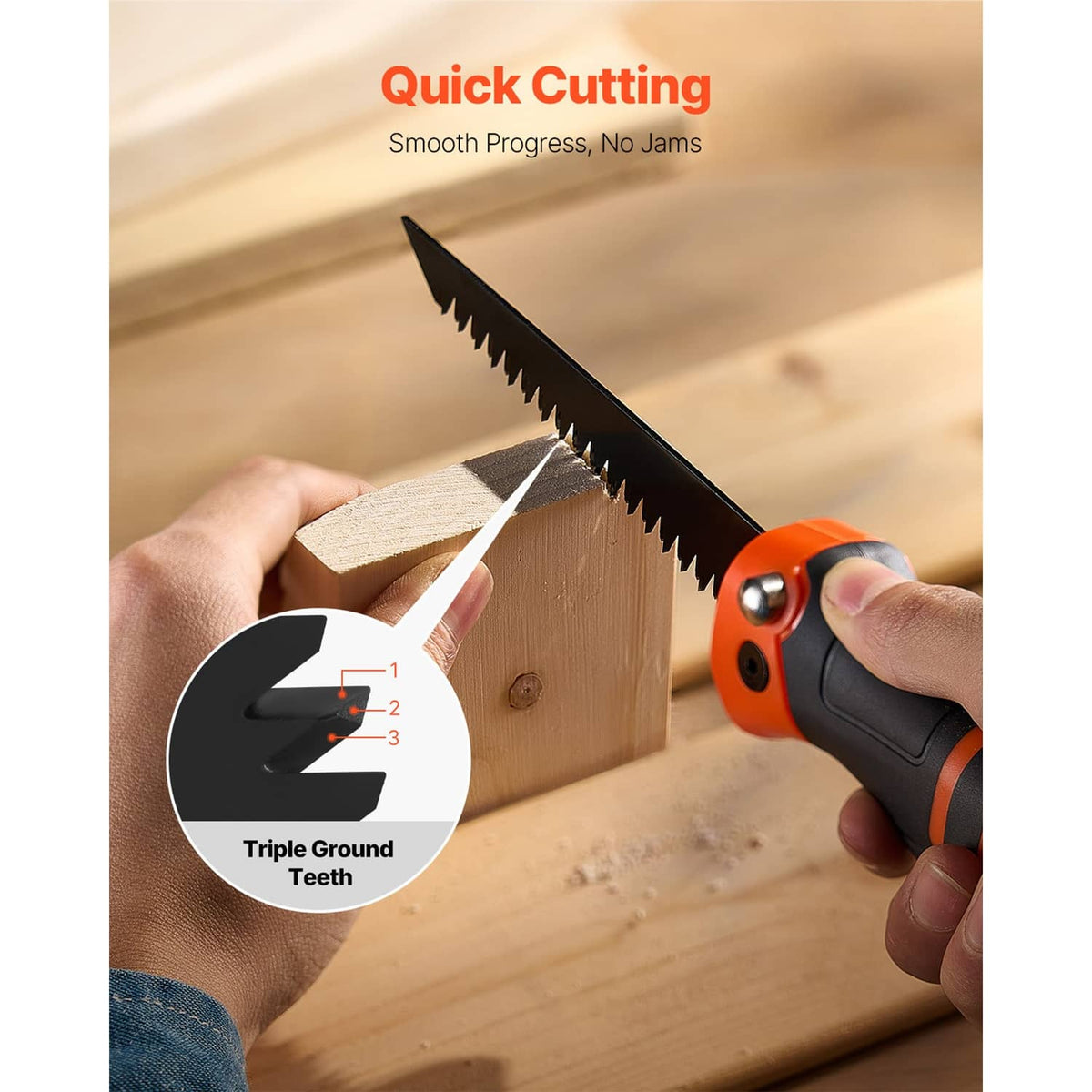 Hand saw with orange/black handle and triple-ground teeth for quick cutting
