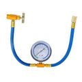 Blue AC refrigerant recharge hose with brass valves and round pressure gauge