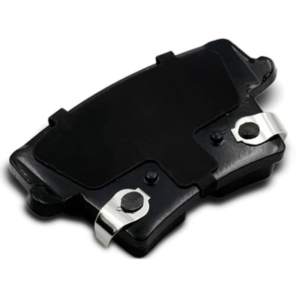 Black metal brake pad backing with gray friction surface and two mounting brackets