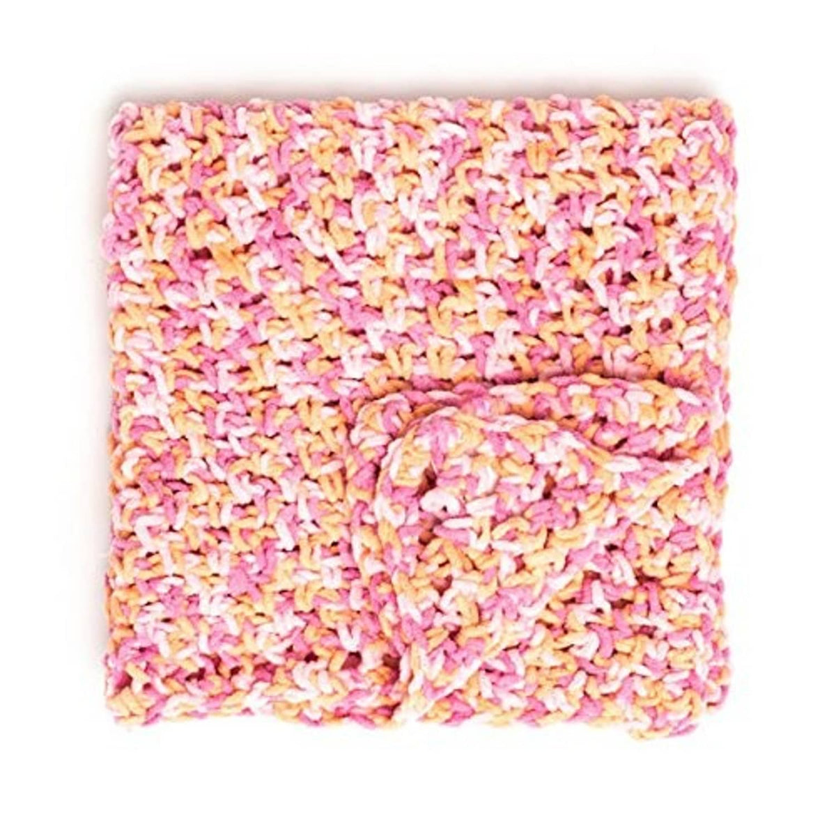 Multicolor chenille knit swatch square with zigzag texture in pink and peach