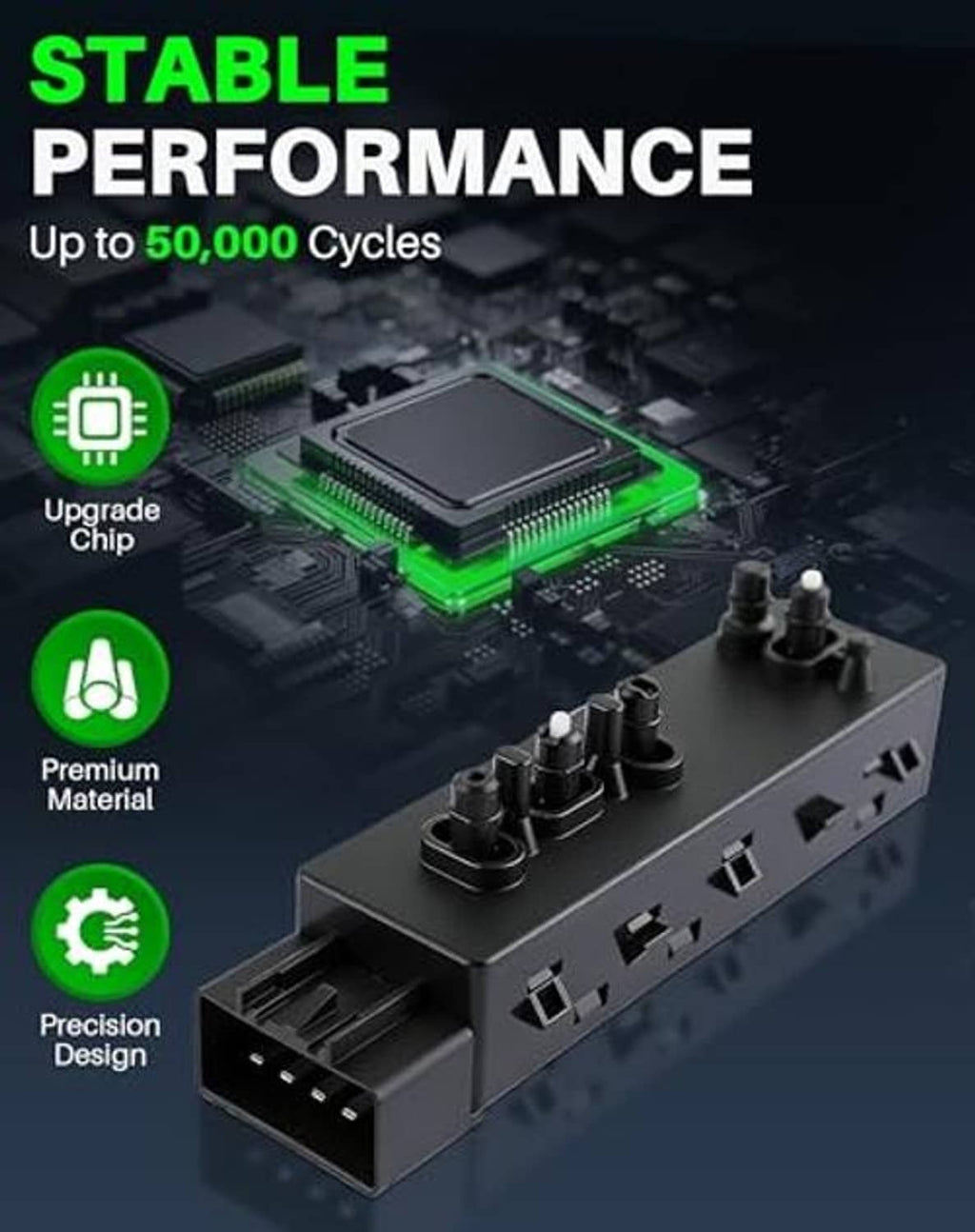 Power seat switch module with circuit-style design and green performance accents