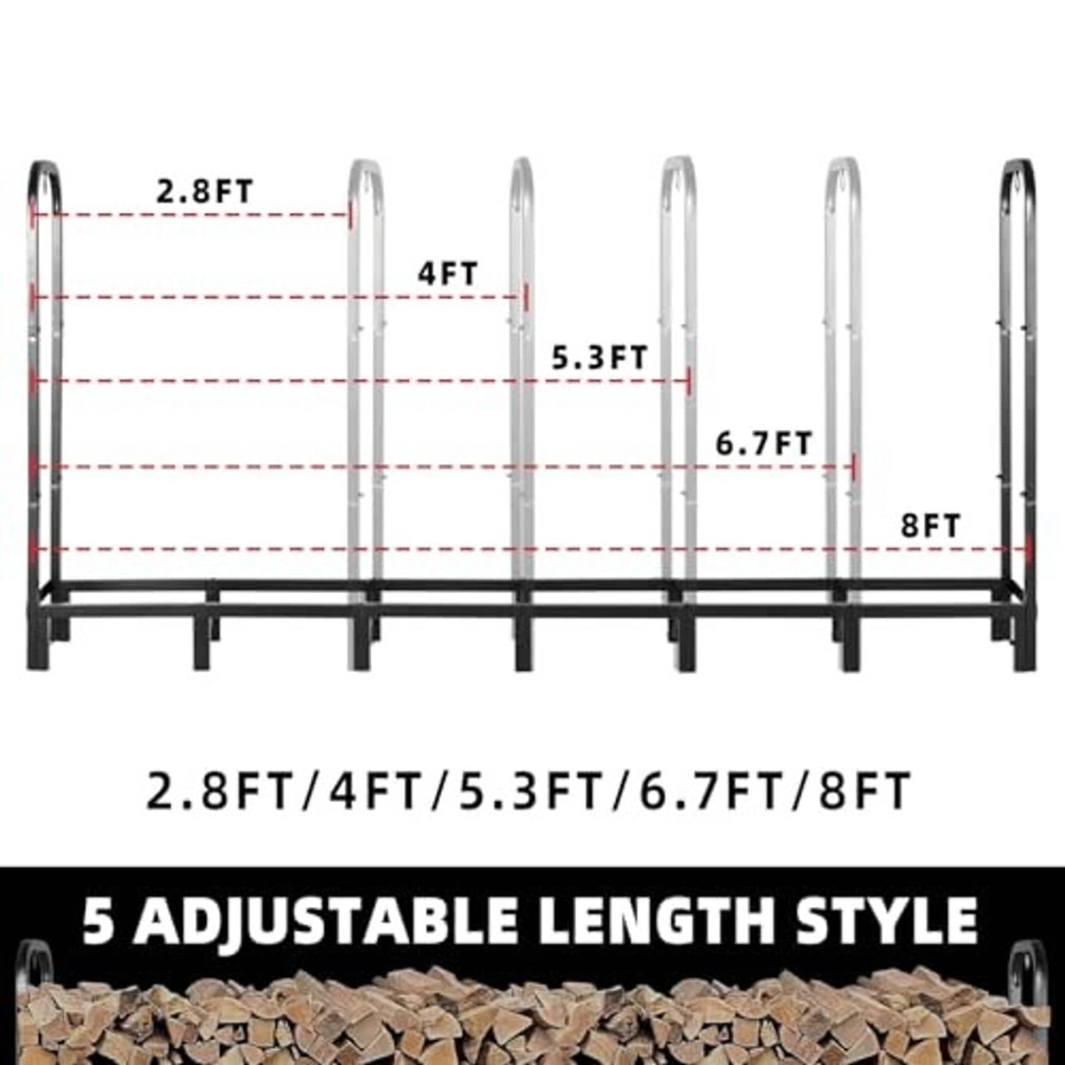 Adjustable firewood rack frame with tall posts and multiple height settings