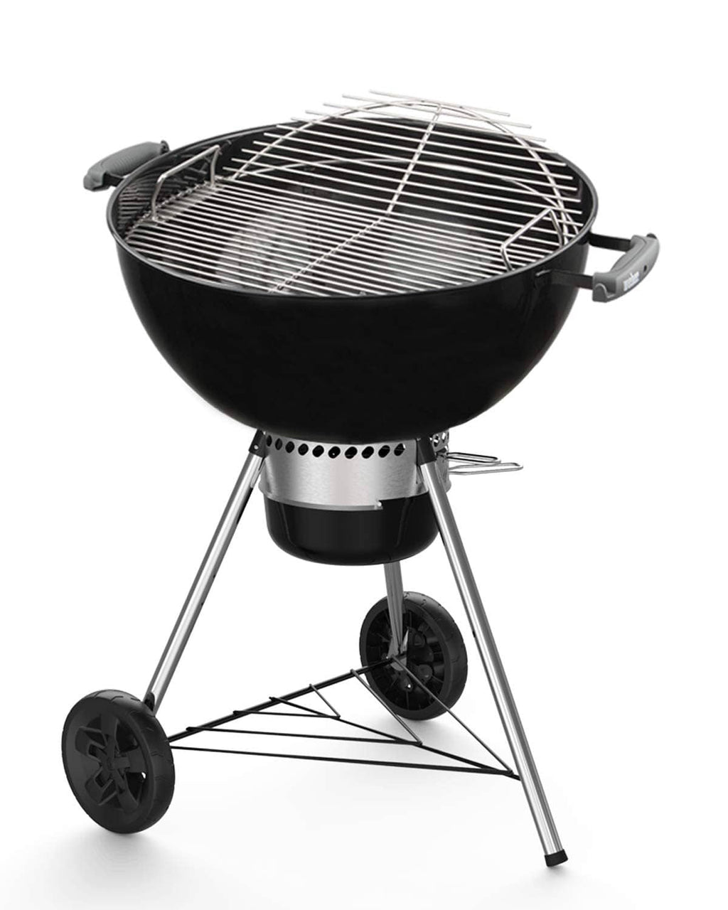 Stainless steel wire cooking grate over a charcoal grill bowl with handles