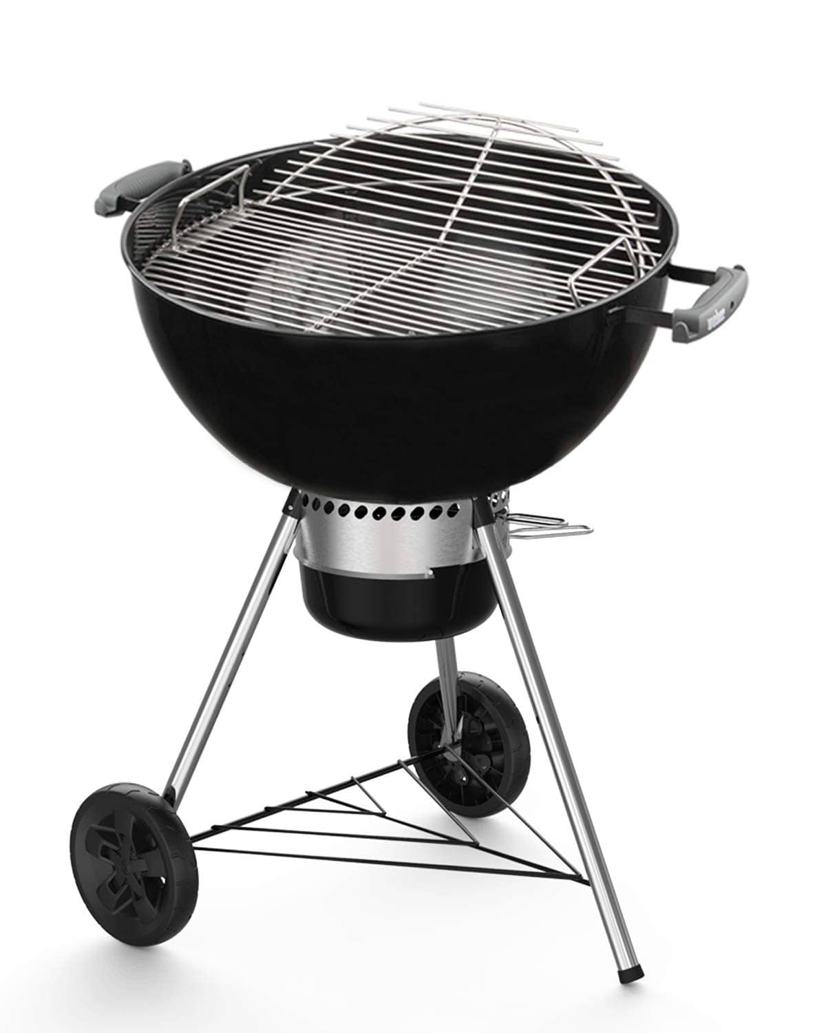 Stainless steel wire cooking grate over a charcoal grill bowl with handles