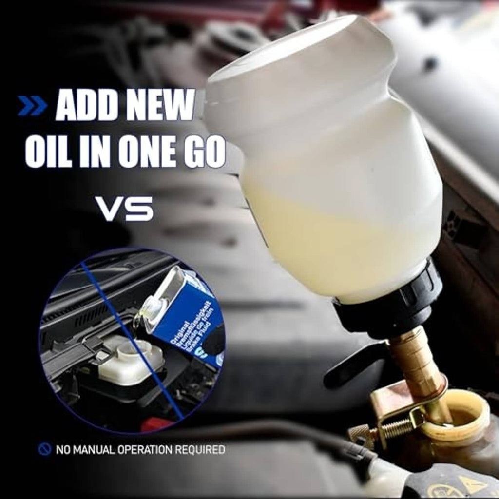 Brake bleeder fluid bottle with brass adapter and black clamp for vacuum bleeding