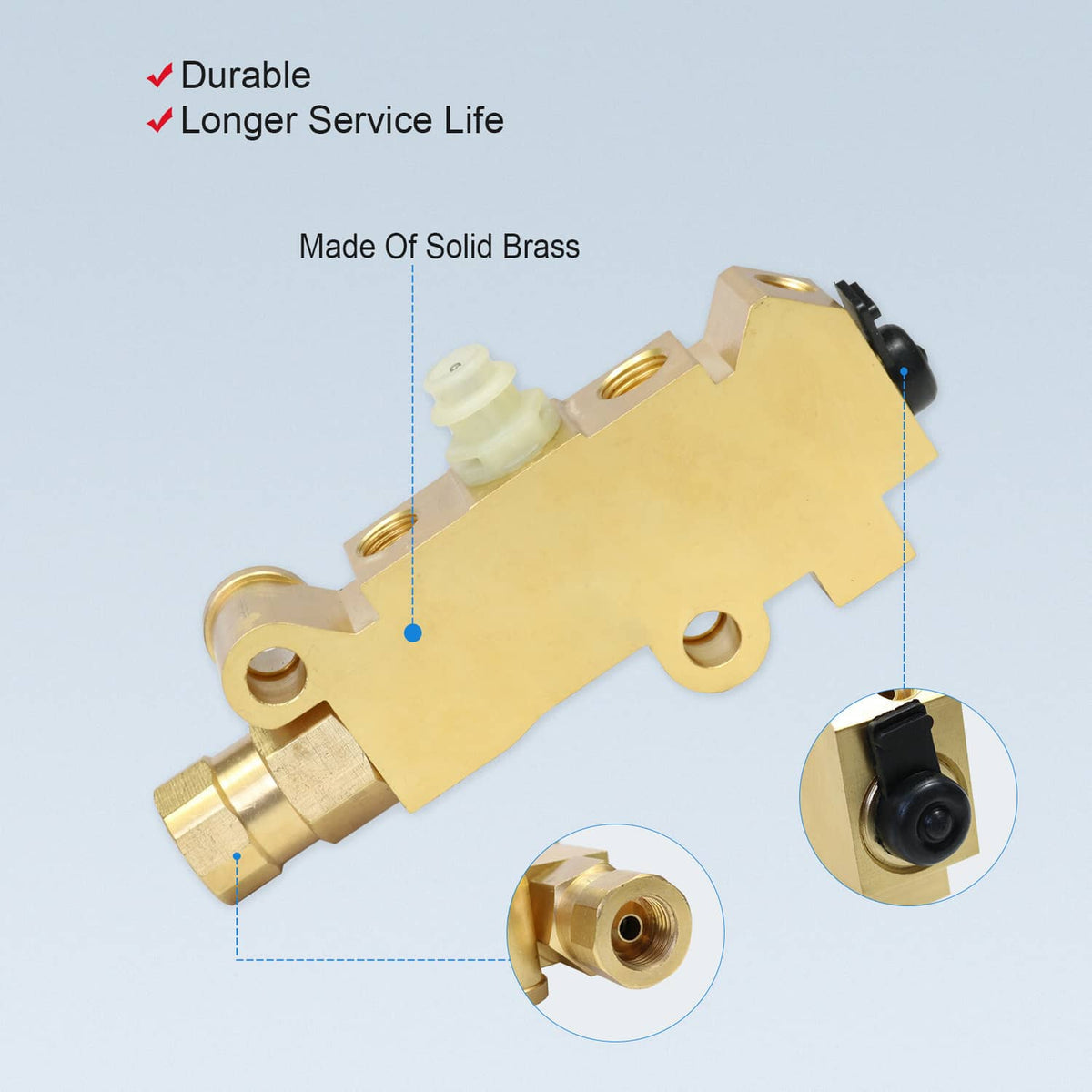 Solid brass proportioning valve with white plastic fitting and multiple threaded openings