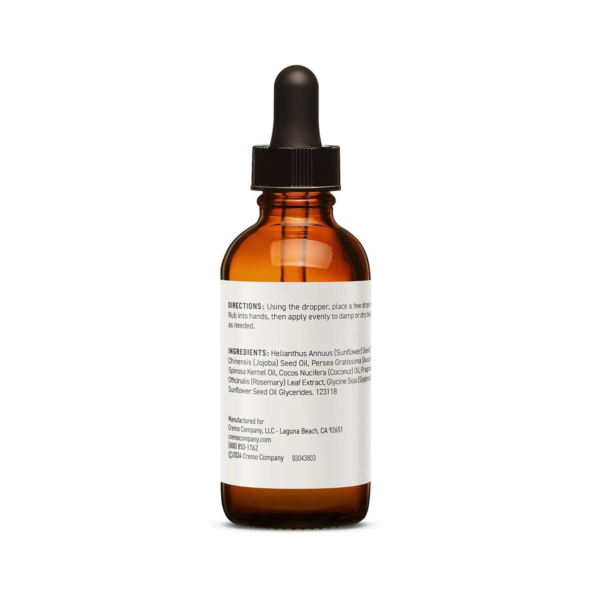 Amber glass beard oil bottle with black dropper cap and back label