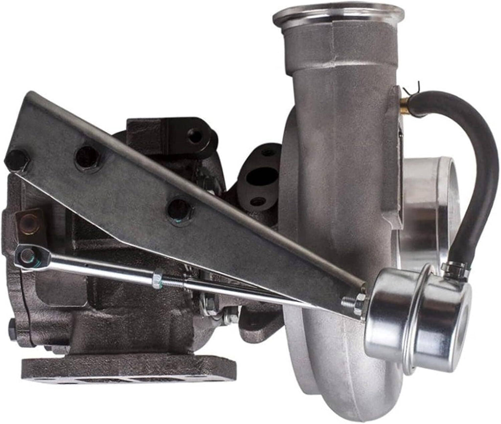 Turbocharger with large outlet tube, metallic housing, and oil feed connection