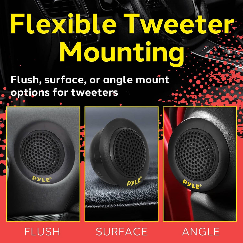 6.5-inch tweeter mounting options: flush, surface, or angled, shown in three views