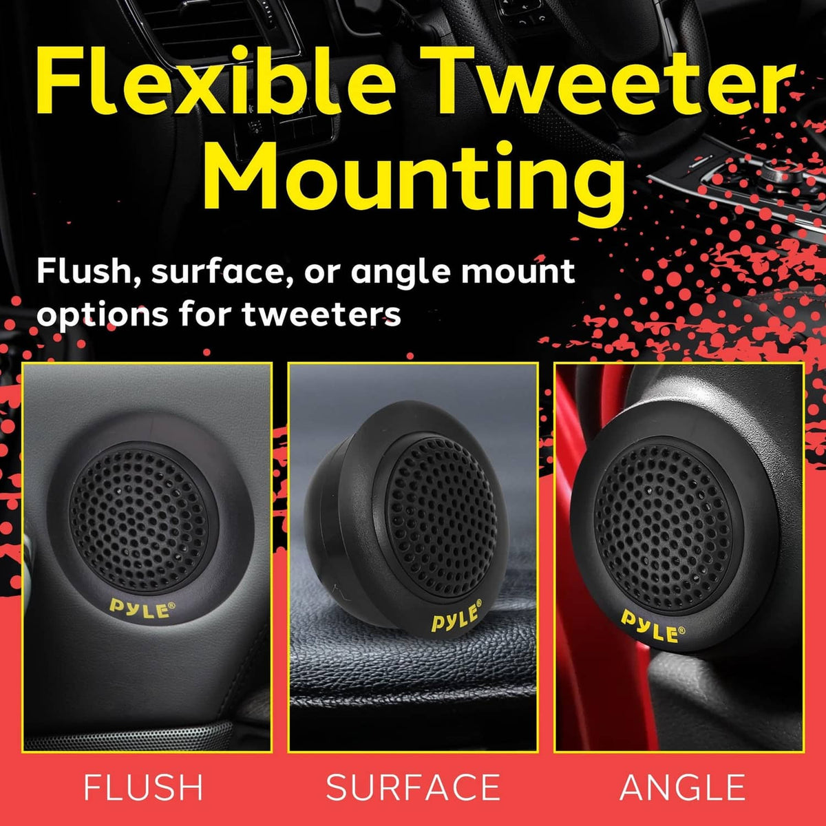 6.5-inch tweeter mounting options: flush, surface, or angled, shown in three views
