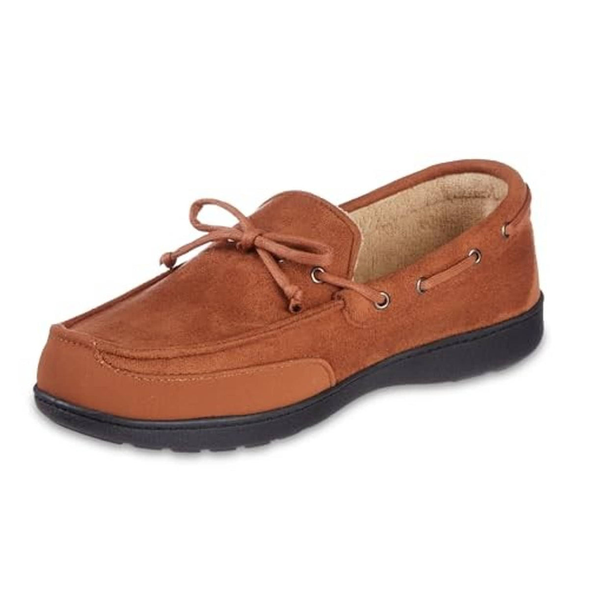 Cognac brown men’s water-repellent boater moccasin clog with lace bow and dark sole