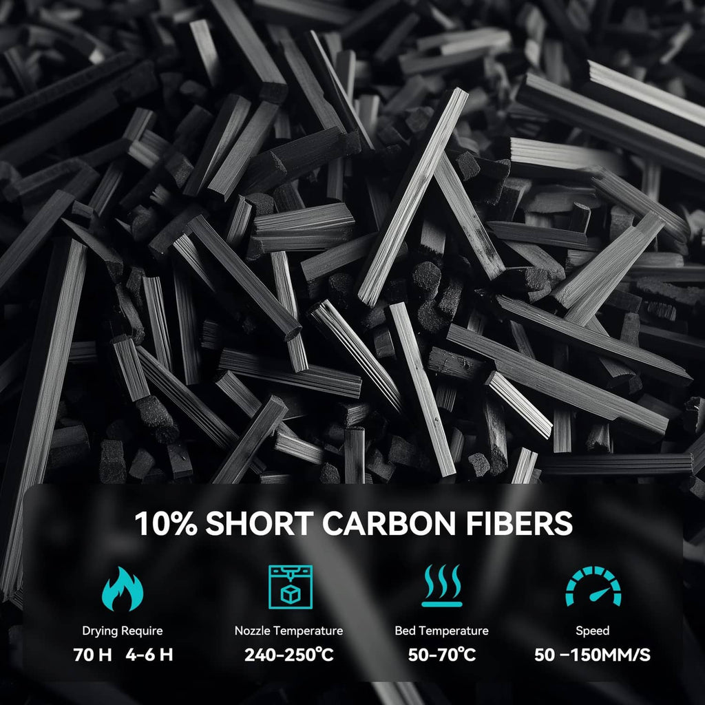 Close-up of black carbon fiber PETG filament with mixed fiber strands texture
