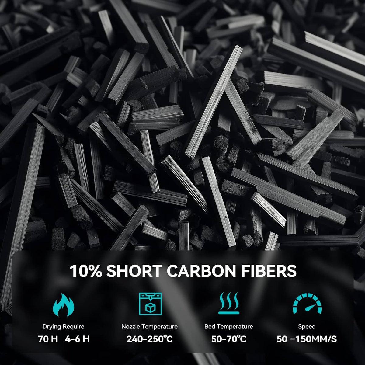 Close-up of black carbon fiber PETG filament with mixed fiber strands texture