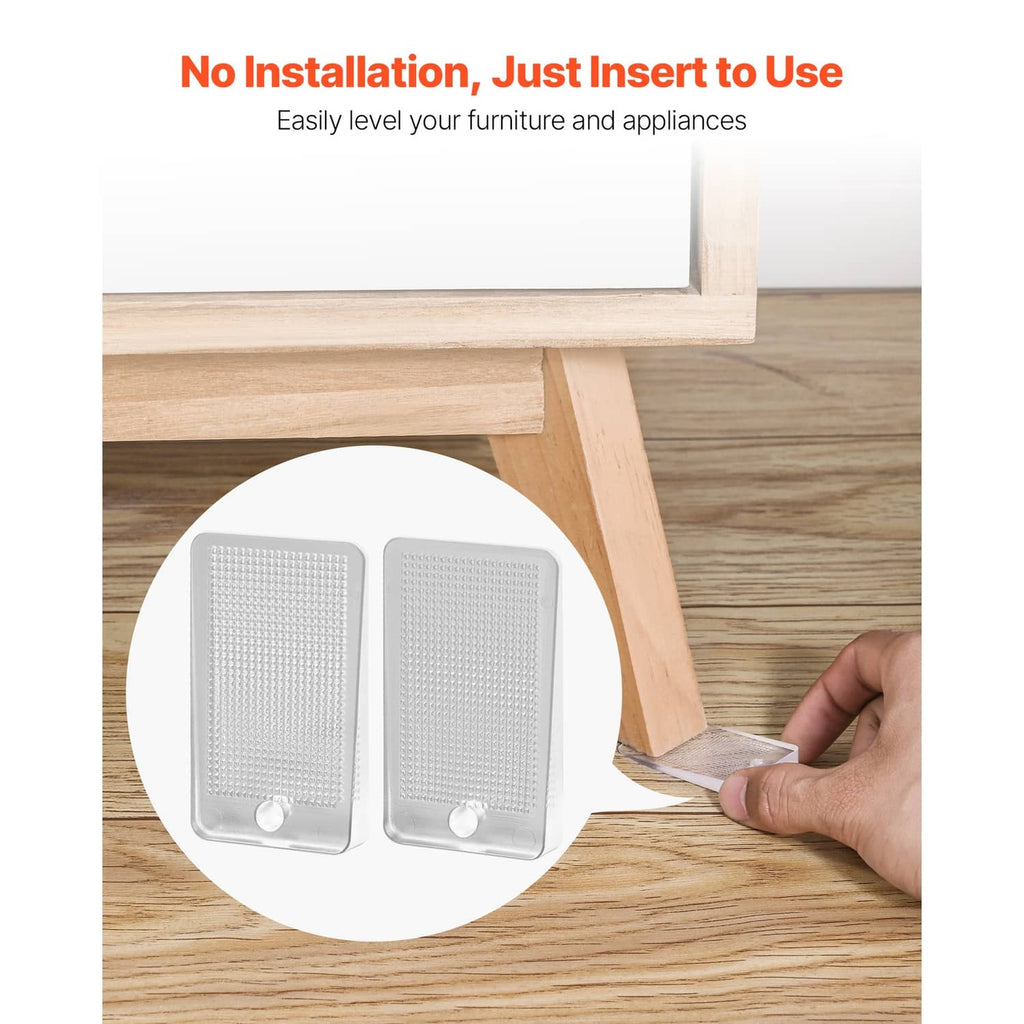 Transparent leveling shim pair with textured grid, inserted under a wooden furniture leg.