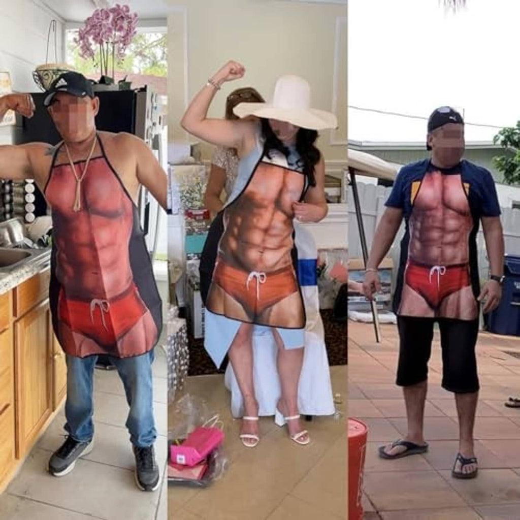 Novelty kitchen apron worn by a man, black ties and red shorts over torso graphic