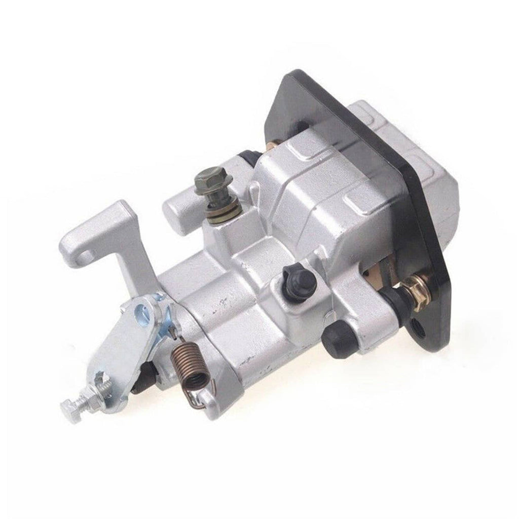Rear brake caliper with pads, silver caliper assembly with black mounting bracket