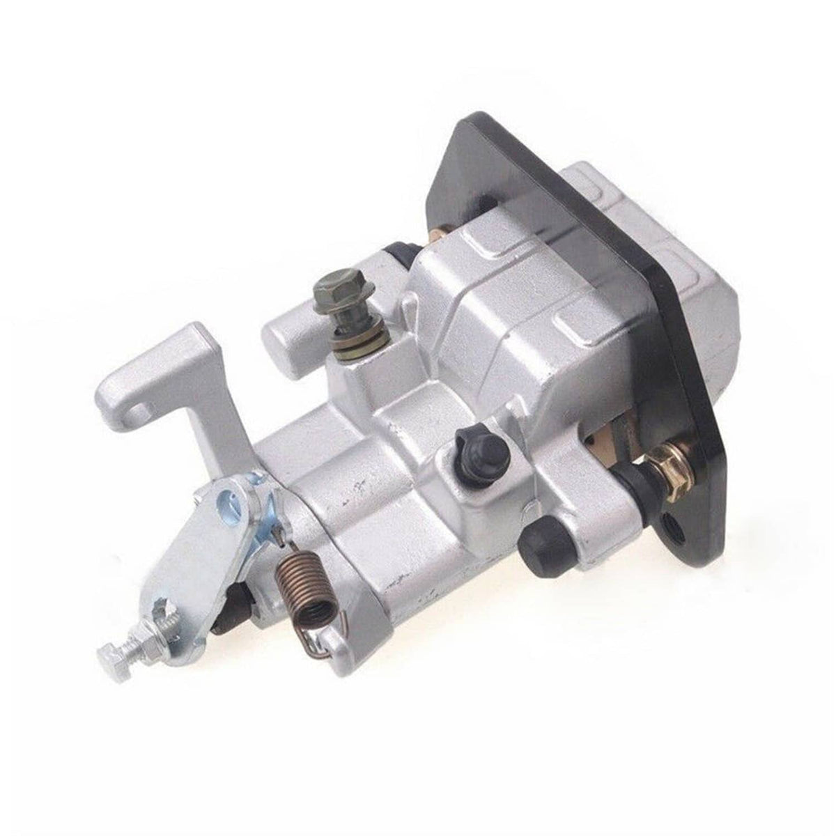 Rear brake caliper with pads, silver caliper assembly with black mounting bracket