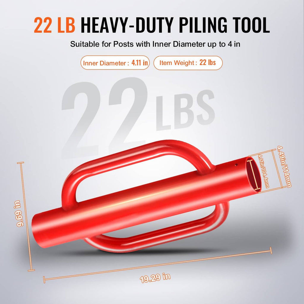 Red steel post driver tool shown in side view with curved handle supports