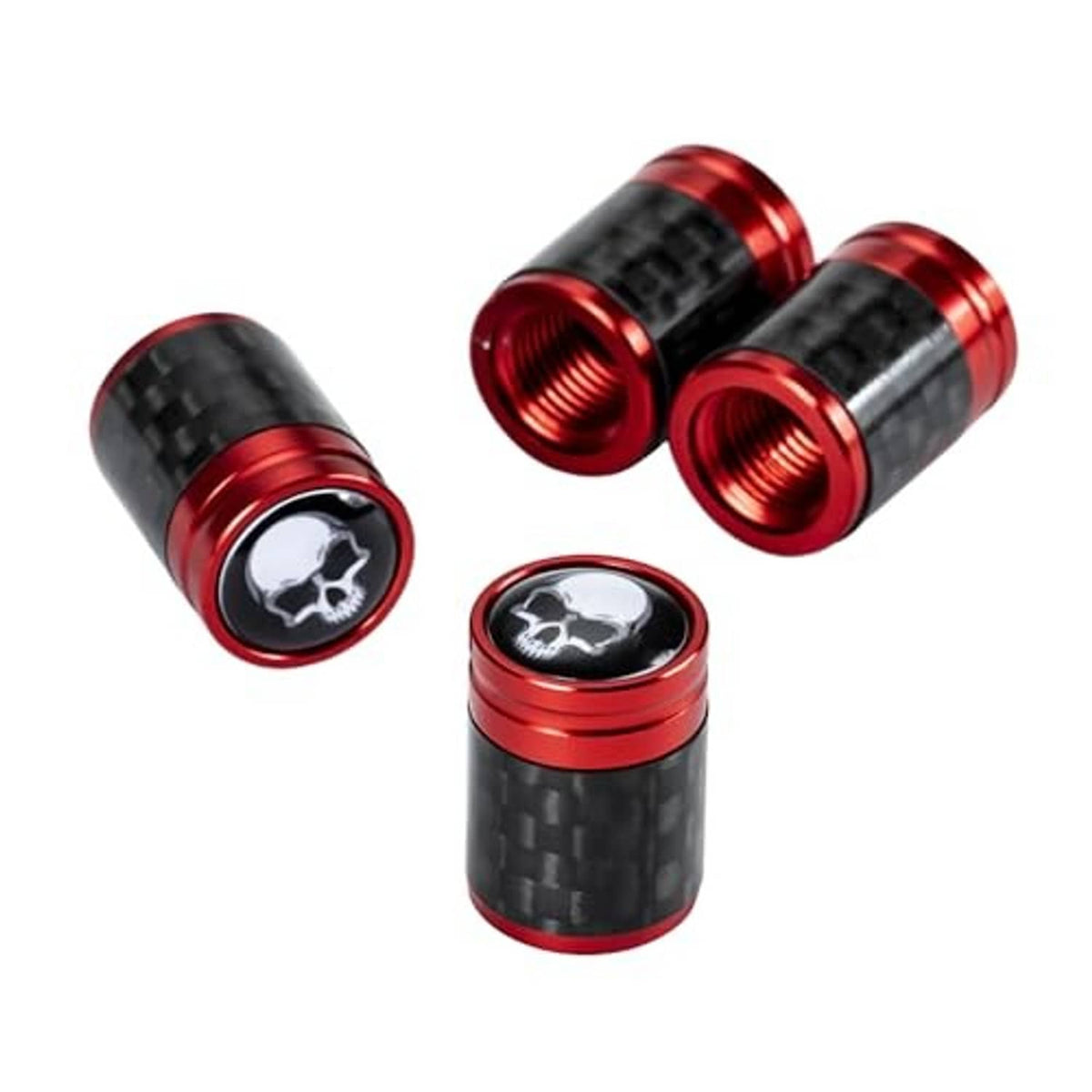 Red carbon fiber tire valve stem caps with skull emblem, shown in a 4-piece grouping.