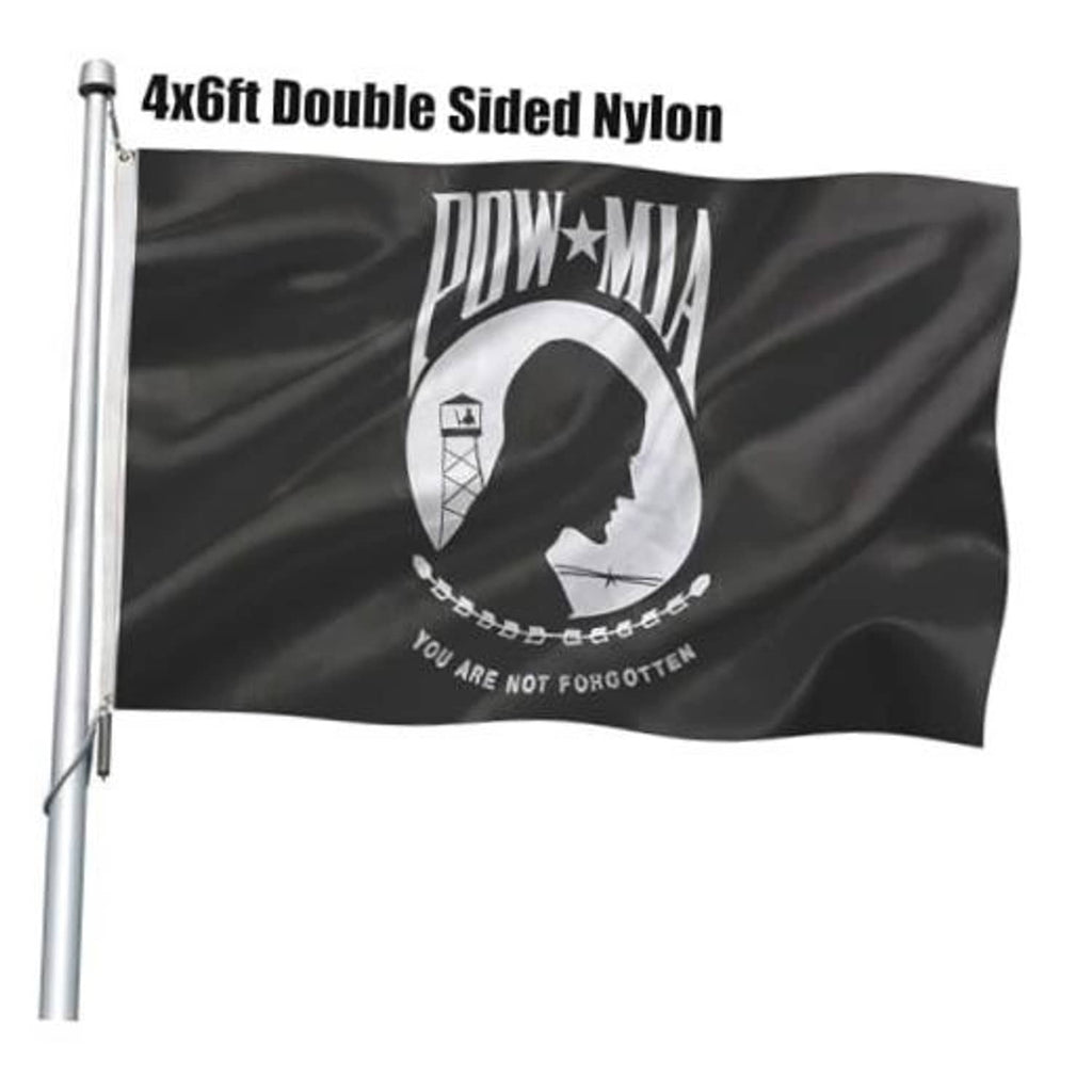 Double-sided nylon POW*MIA flag, black with white POW*MIA emblem on a pole