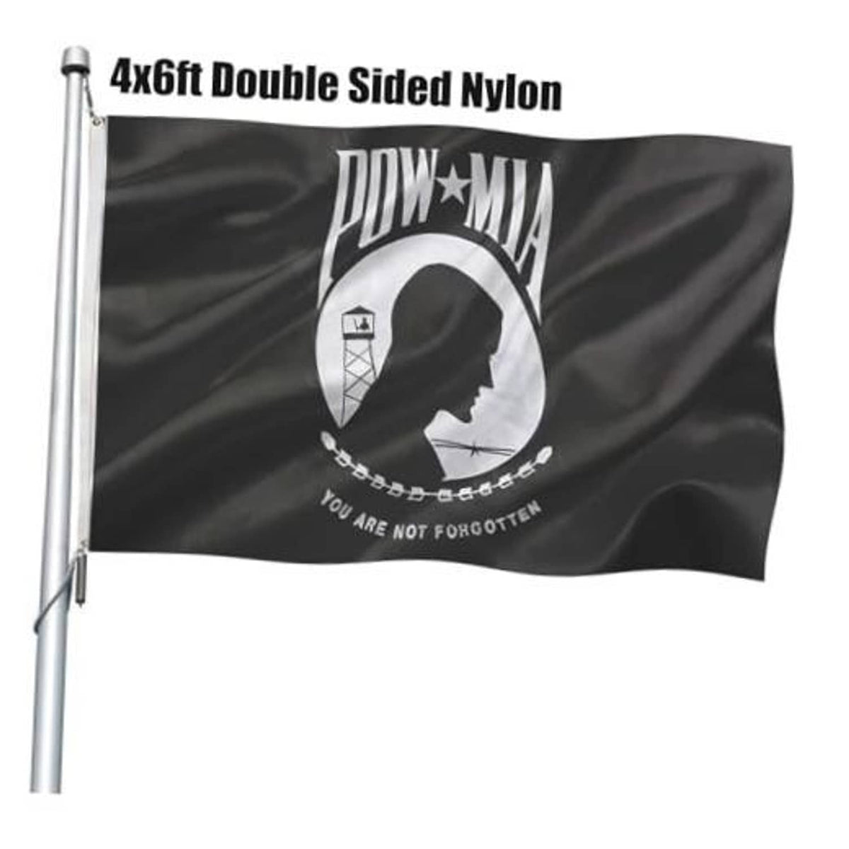 Double-sided nylon POW*MIA flag, black with white POW*MIA emblem on a pole