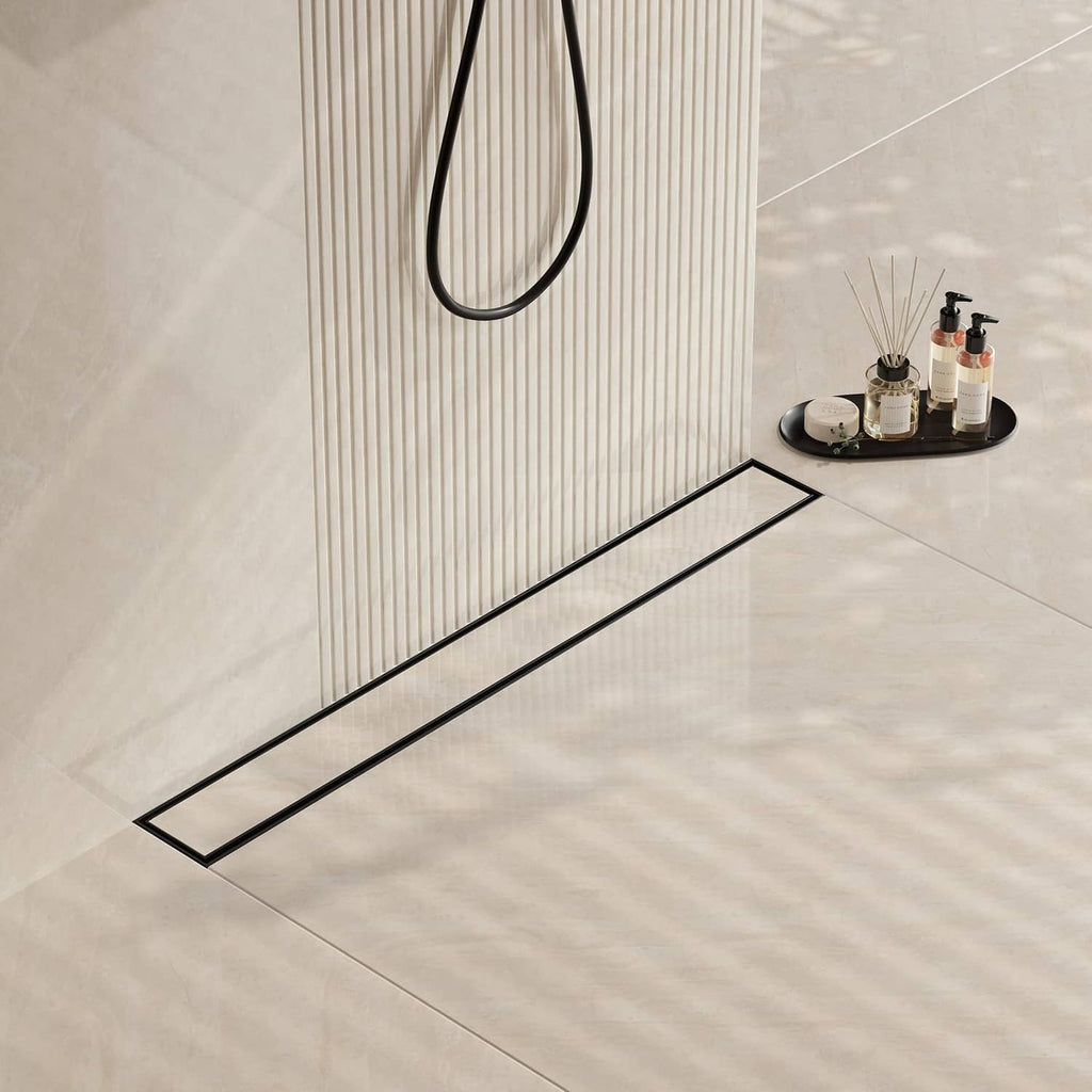 Matte black linear shower drain with slim rectangular channel cover