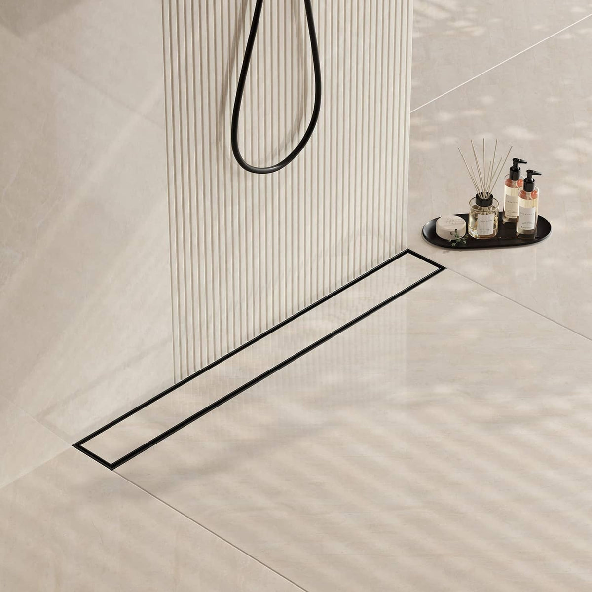 Matte black linear shower drain with slim rectangular channel cover