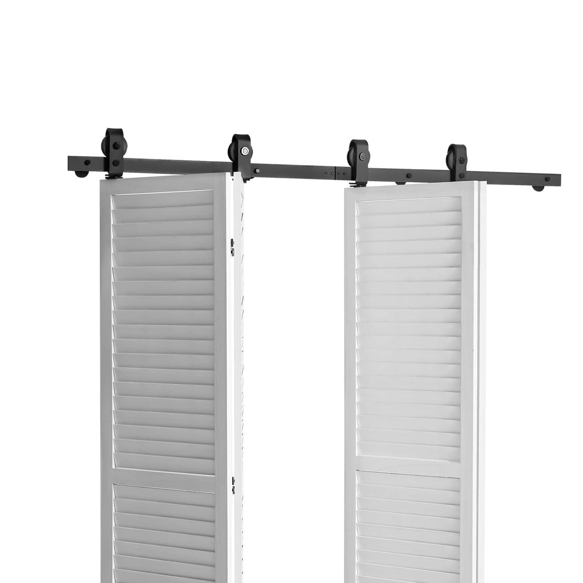 Bi-fold sliding barn door track kit with dark rail and rollers above two white doors